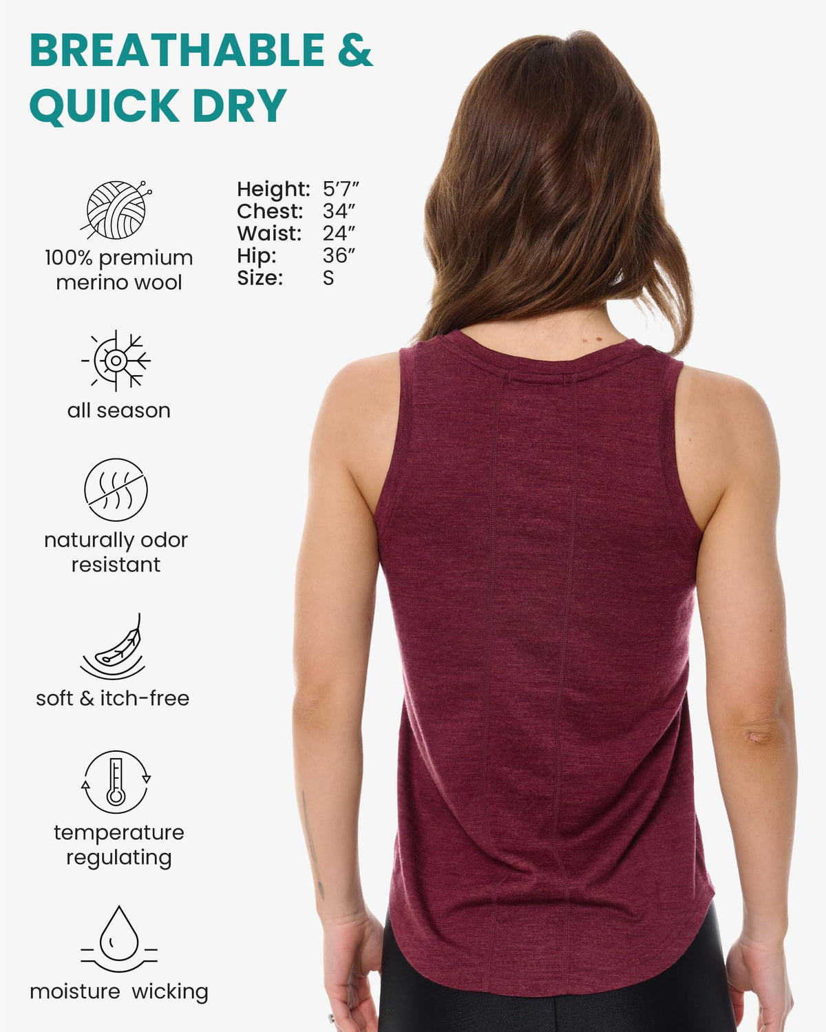 100% Merino Wool Tank Top Women - Active Sleeveless Undershirt Base Layer (Small, H: Burgundy)