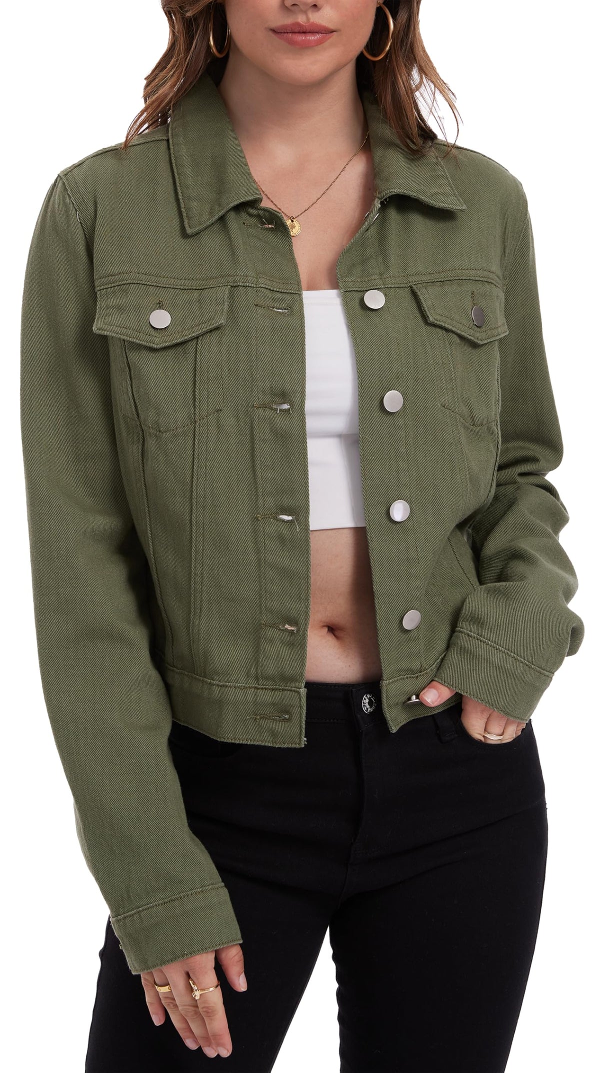 Andy & Natalie Women's Denim Jackets Trendy Long Sleeve Basic Button Down Crop Jean Cadet Green X-large