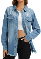 Bosmeer Women's Jean Jacket Classic Long Sleeve Pocket Frayed Hem Denim Shirts Washed Distressed Stretch Mom Outfits For Women Trendy -