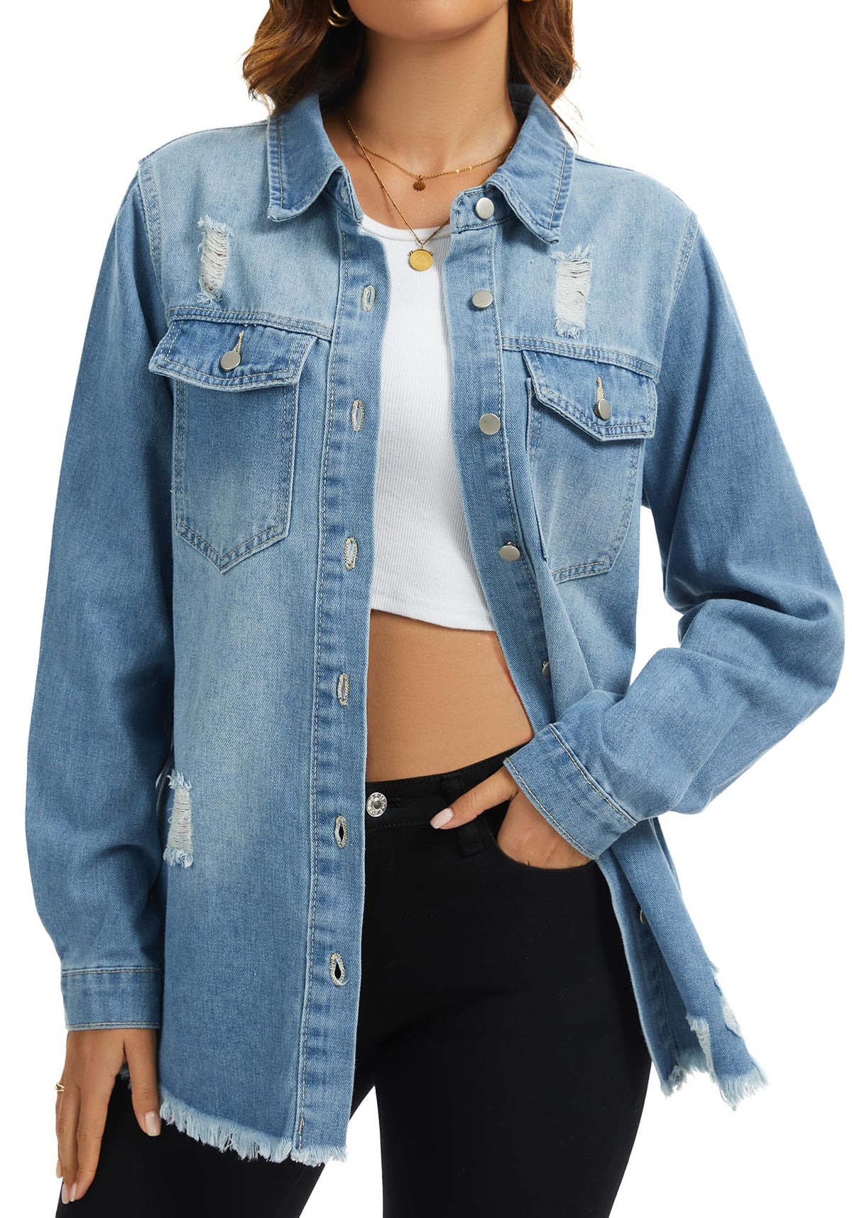 Bosmeer Women's Jean Jacket Classic Long Sleeve Pocket Frayed Hem Denim Shirts Washed Distressed Stretch Mom Outfits For Women Trendy -
