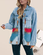Women's Lumister Aztec Denim Jacket Distressed Lapel Long Sleeve Vintage Button Down Shacket(0007-blue-l) - Multicolor