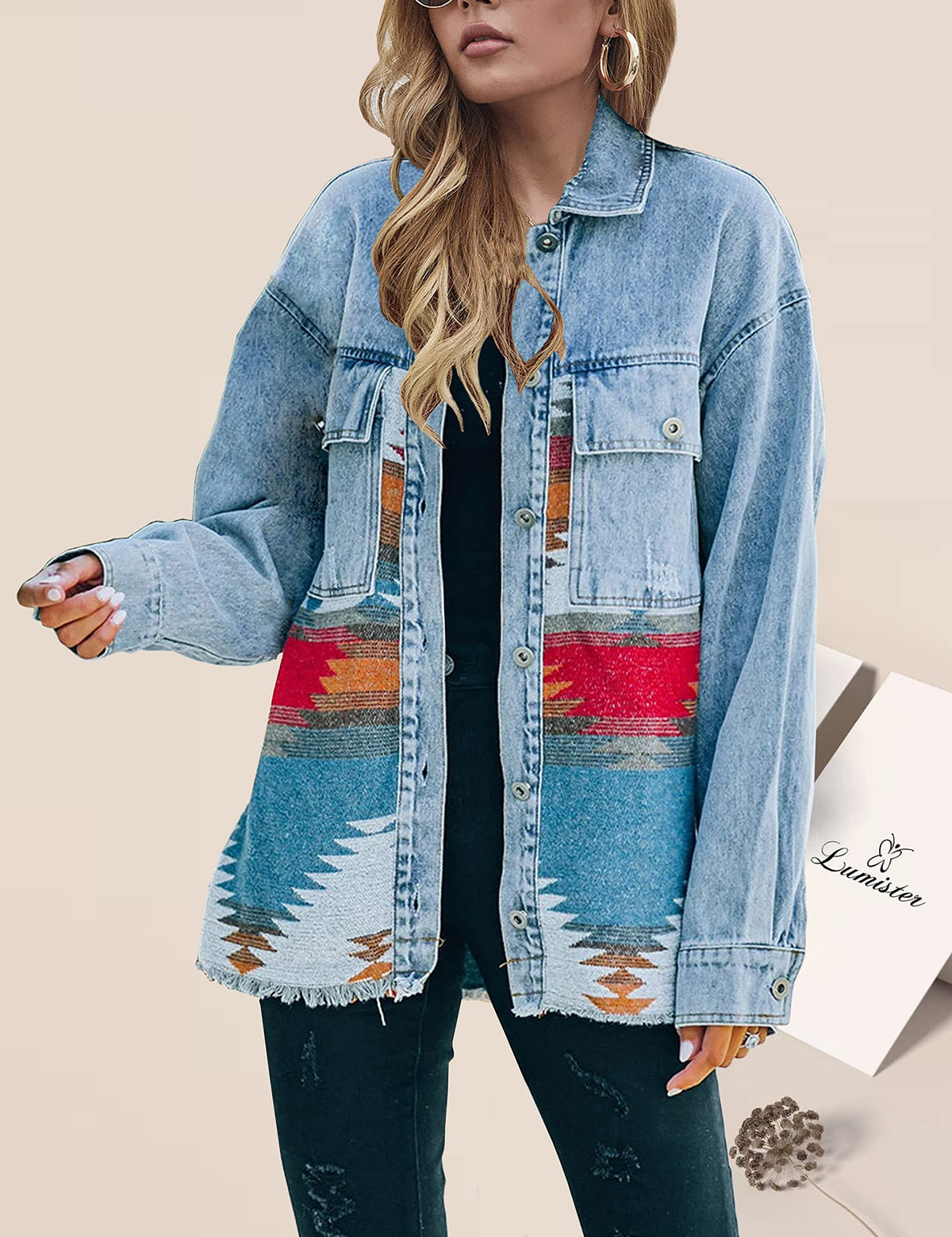 Women's Lumister Aztec Denim Jacket Distressed Lapel Long Sleeve Vintage Button Down Shacket(0007-blue-xxl) - Multicolor