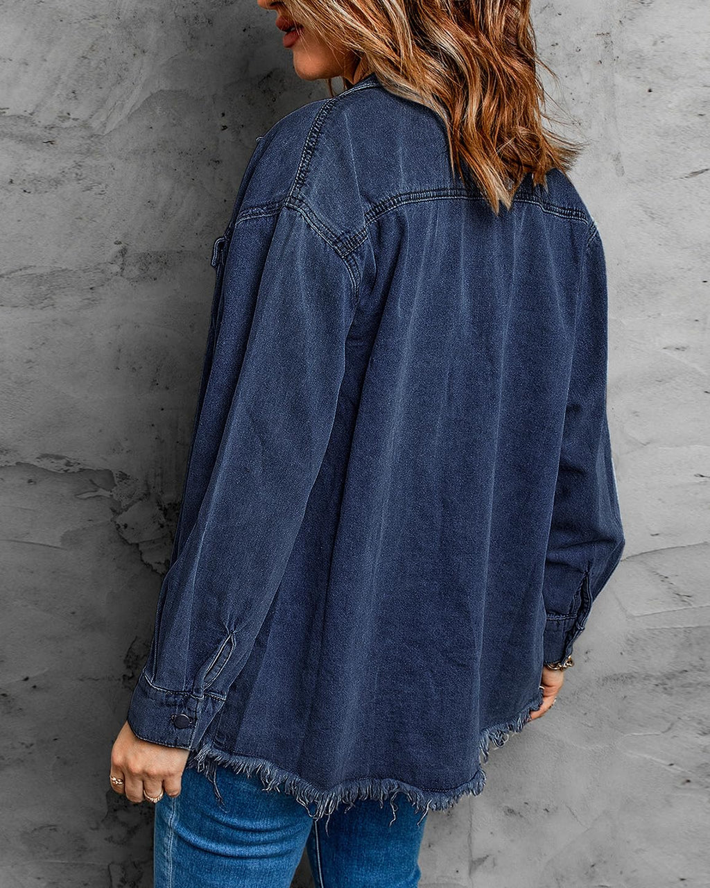 Vetinee Women's Oversized Boyfriend Dark Blue Front Button Up Jacket Denim