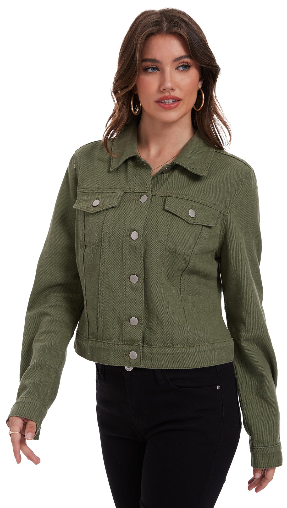 Andy & Natalie Women's Denim Jackets Trendy Long Sleeve Basic Button Down Crop Jean Cadet Green Xx-large
