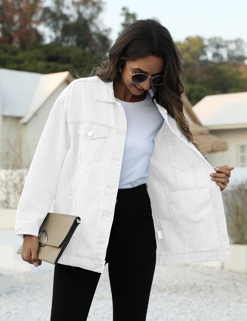 Omoone Women's Oversized Mid Long Denim Jacket Jean Biker Coat(0199-white-m)