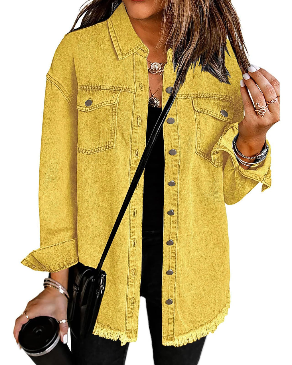 Vetinee Women's Fashion Oversized Boyfriend Gold Jacket Denim