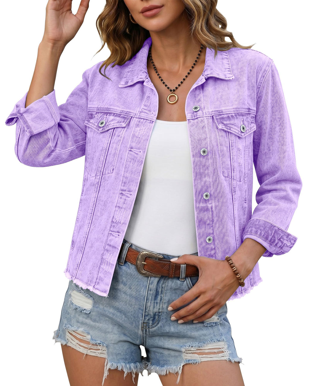 Luvamia Womens Jean Shirt & Jacket - Distressed Lilac Breeze XXL, Fits Size 20-22