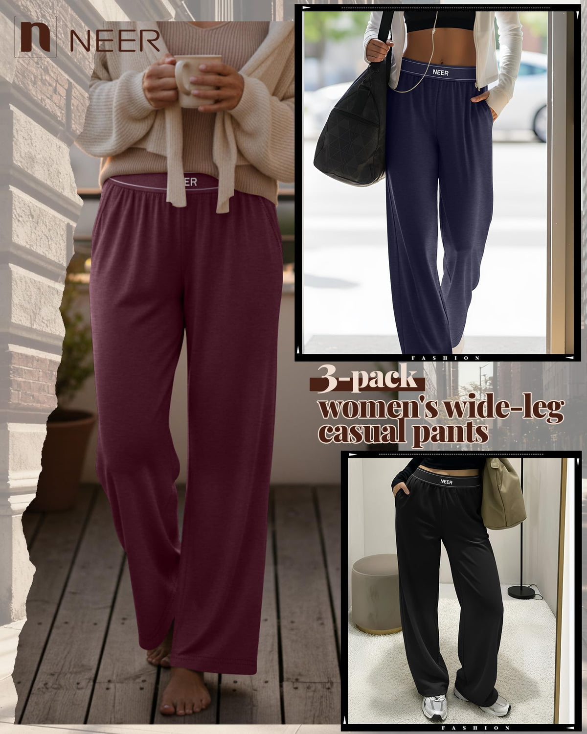 Neer 3 Pack Women's Cotton Lounge High-Waisted - Black, Wine Red,