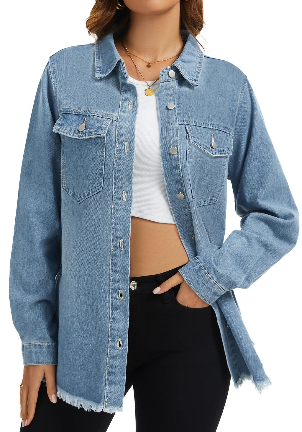 Bosmeer Oversized Denim Jackets For Women Button Down Jacket Western Shacket With Pockets Frayed Hem Distressed Shirts Country Outfits -