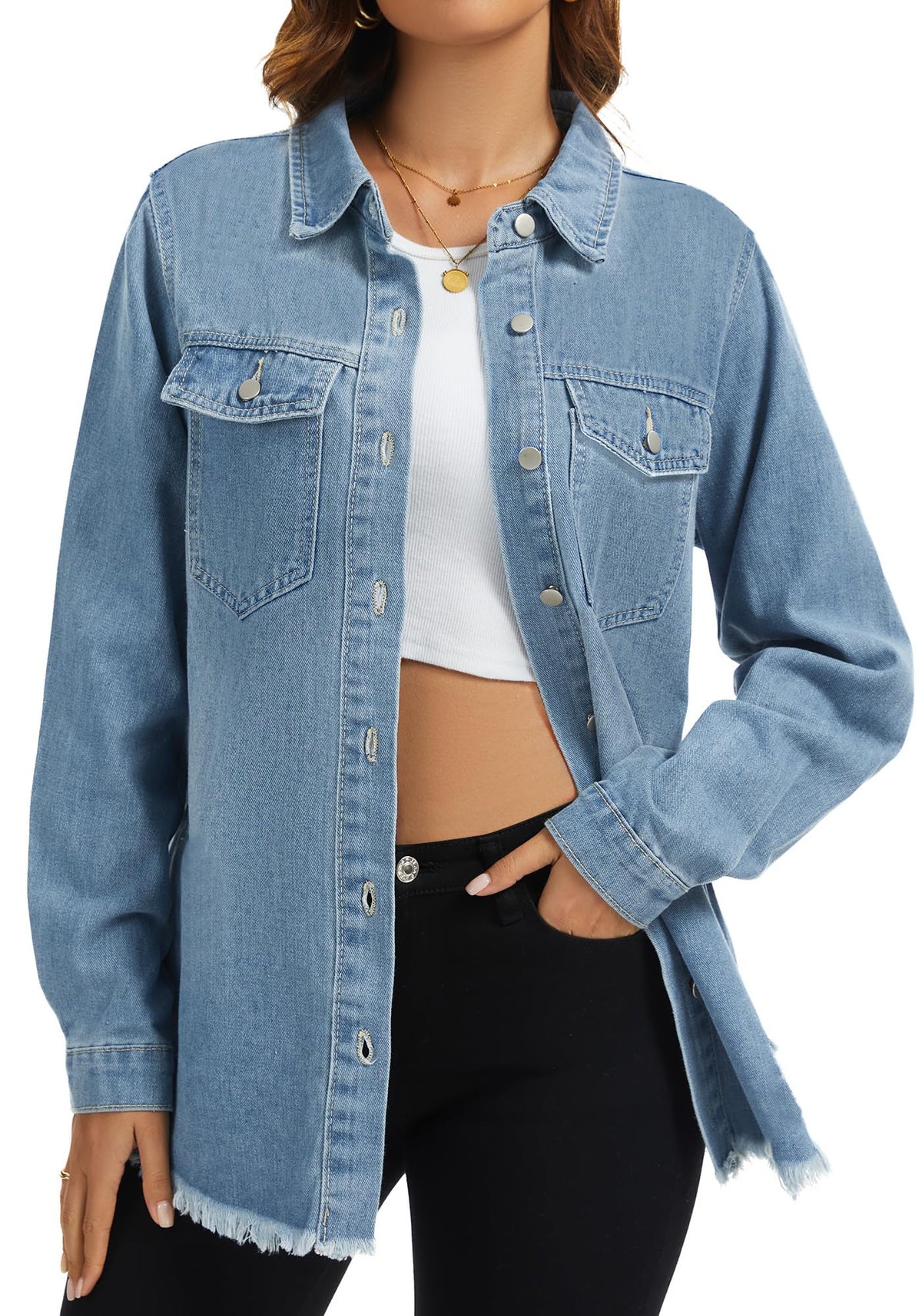 Bosmeer Women's Jean Jacket Oversized Frayed Hem Shacket Long Sleeve Pockets Denim Shirt Ripped Coat Early Spring Fashion Concert Outfits -