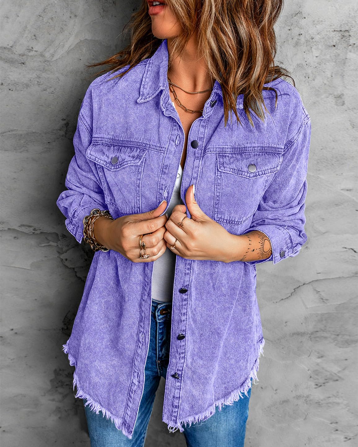 Vetinee Women's Oversized Boyfriend Front Button Up Frayed Raw Hem Jacket Denim - Aster Purple