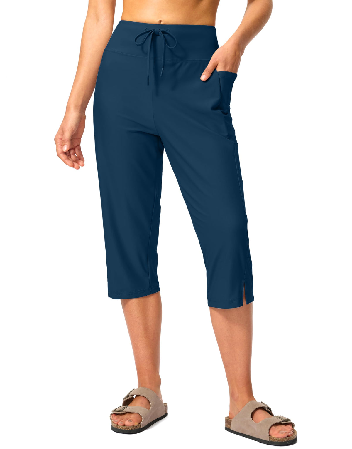 Viodia 18'' Women's Swim Capris Pants Quick Dry with Pockets Dark Indigo L