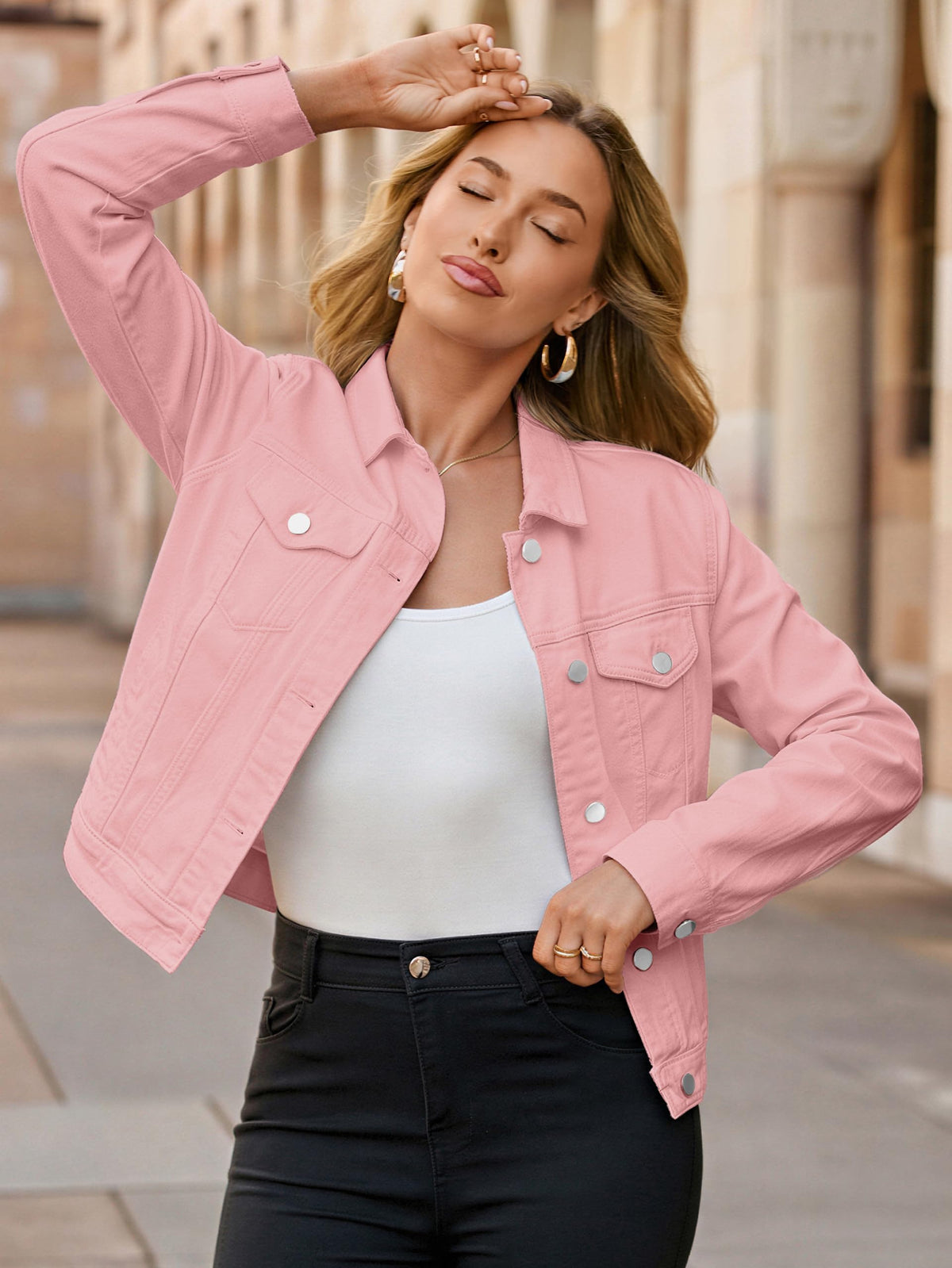 Glamaker Jean Jacket Women 2026 Long Sleeve Vintage Western Button Down Shacket Trendy Autumn Outfits With Pockets (pink XXL)