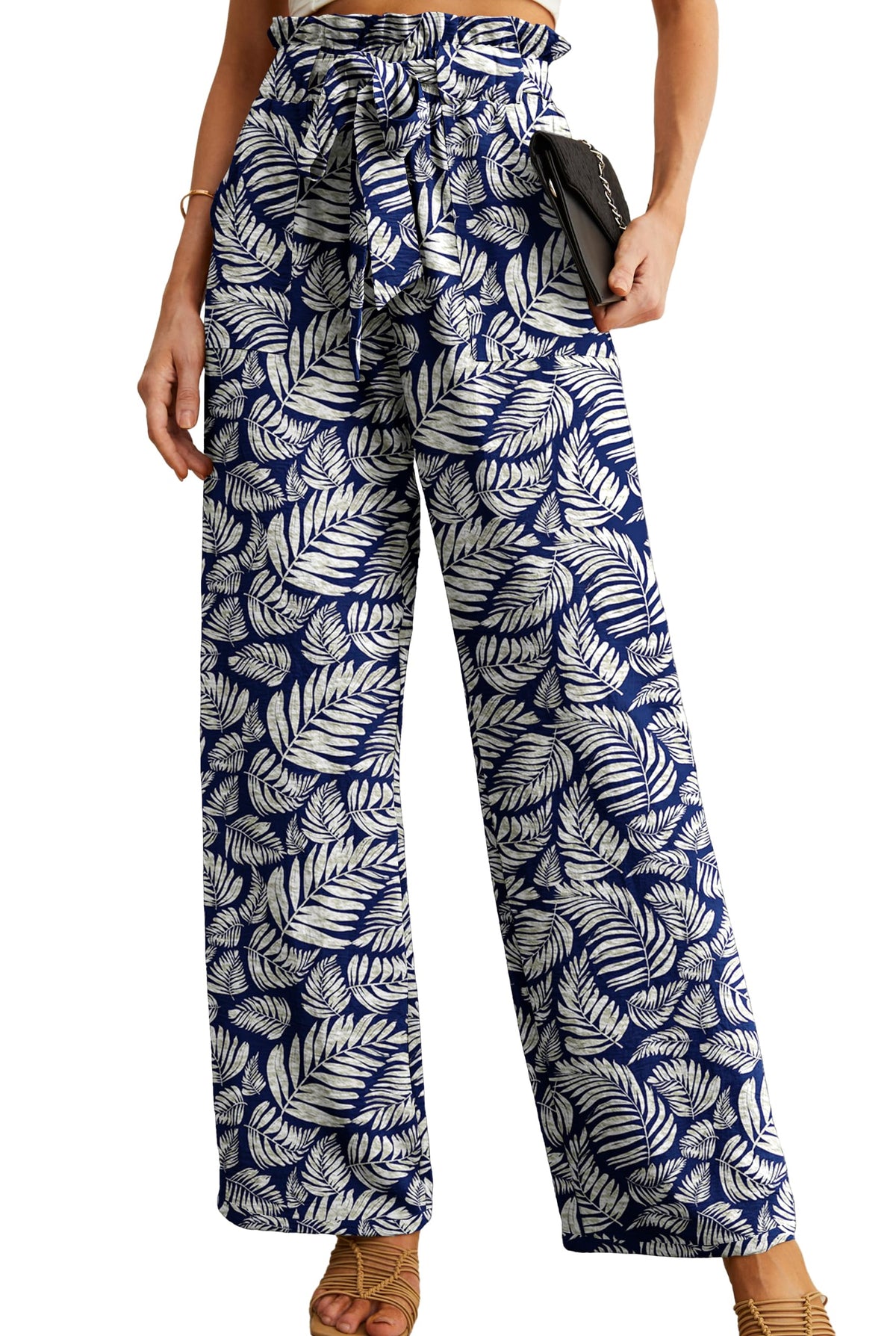 Iwollence Women Flowy Palazzo Pants Adjustable Knot High-Waist