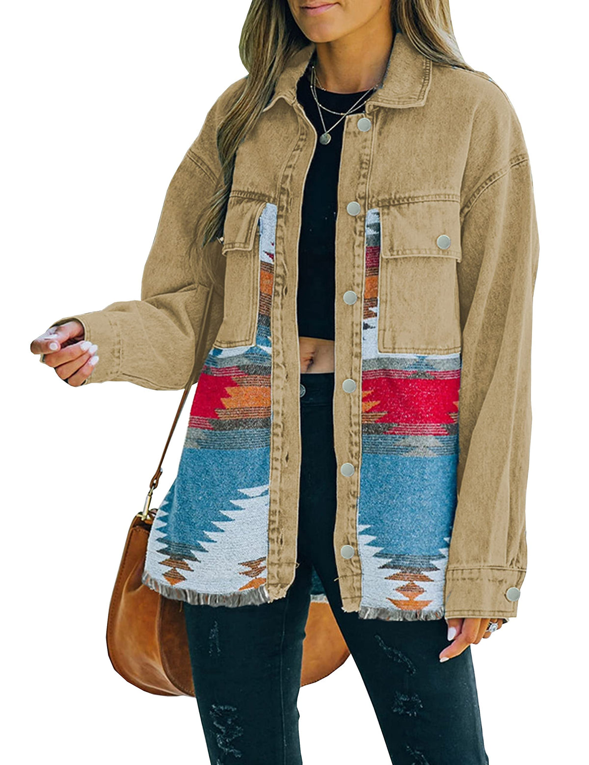 Lumister Women's Aztec Denim Jacket Distressed Long Sleeve Vintage Green Button Down Khaki Shacket (0007-vintagekhaki-m) -