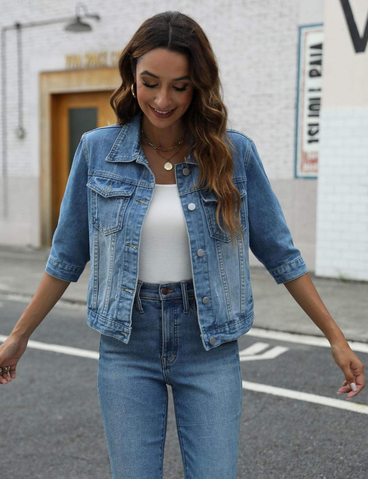 Unilexi Women's 3/4 Sleeve Colored Cropped Denim Jacket Light Wash Short Jean Trucker Coat(0096-lightblue-l) - Blue
