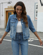 Unilexi Women's 3/4 Sleeve Colored Cropped Denim Jacket Light Wash Short Jean Trucker Coat(0096-lightblue-s) - Blue