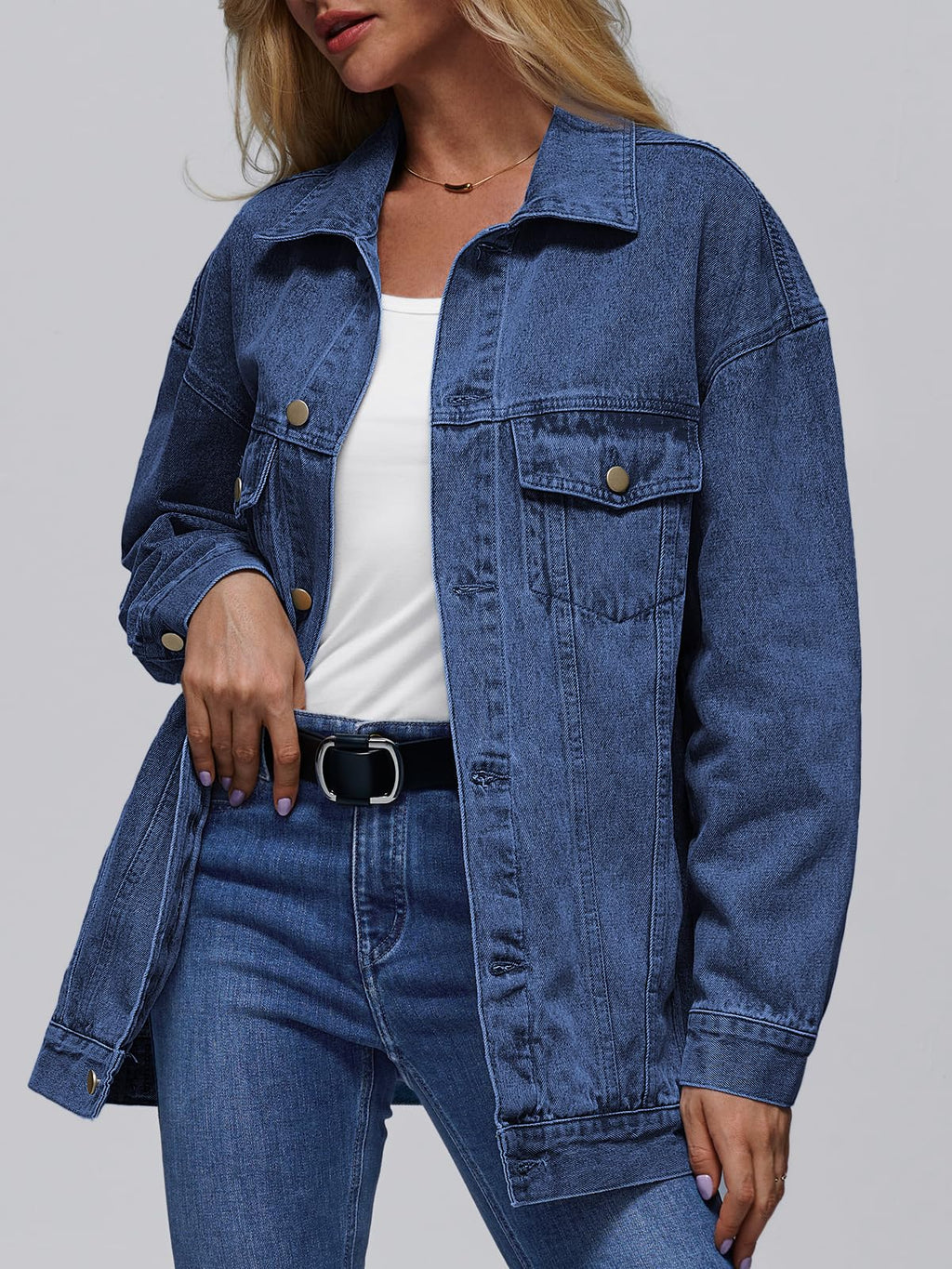 Automet Women's Button Down Oversized Jeans Jacket With Pockets - Dark Blue