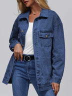 Automet Women's Button Down Oversized Jeans Jacket With Pockets - Dark Blue