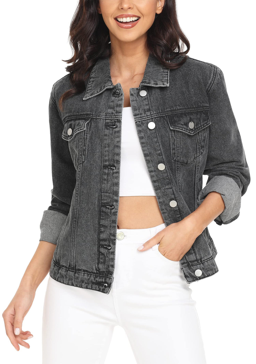 Miss Moly Women's Denim Jacket Classic Button Up Jean Dark Grey Xs