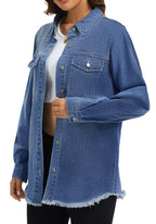 Bosmeer Denim Shirt Women Classic Long Sleeve Jean Jacket Loose Button Down Distressed Frayed Hem Coat Light Jackets For Casual - Nightfall