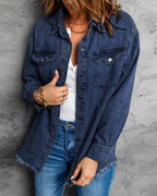 Vetinee Women's Oversized Boyfriend Dark Blue Front Button Up Frayed Raw Hem Long Sleeve Pockets Denim Jean Jacket Shacket Large Size 12 14