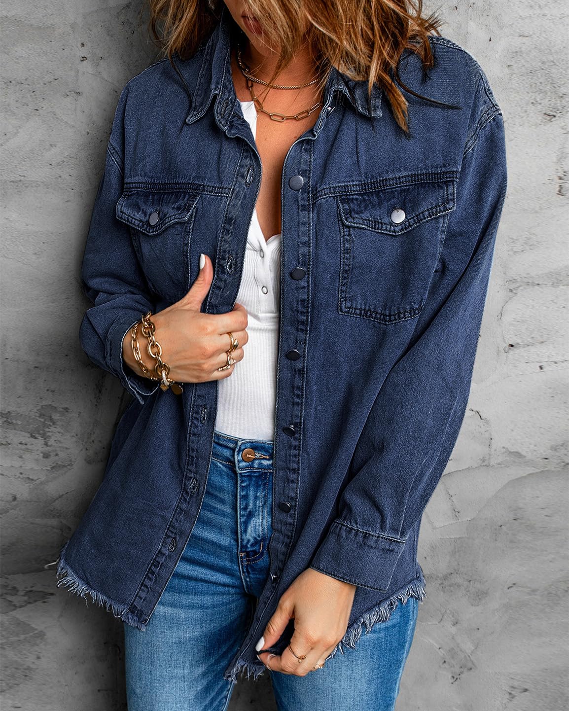Vetinee Women's Oversized Boyfriend Dark Blue Front Button Up Frayed Raw Hem Long Sleeve Pockets Denim Jean Jacket Shacket Large Size 12 14