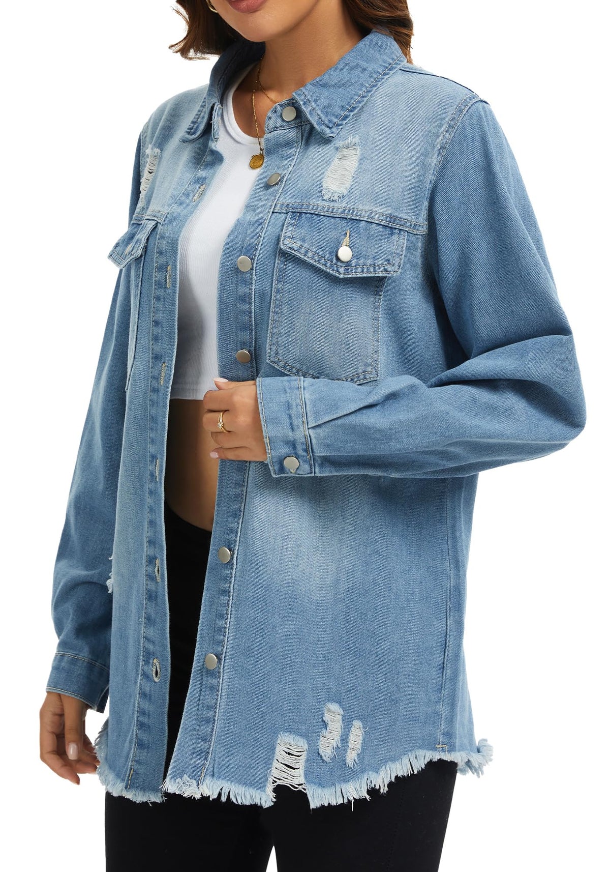 Bosmeer Women's Jean Jacket Casual Long Sleeve Denim Jackets Washed Distressed Frayed Hem Shirts Rodeo Chic Outfit For Women - R-sky Blue