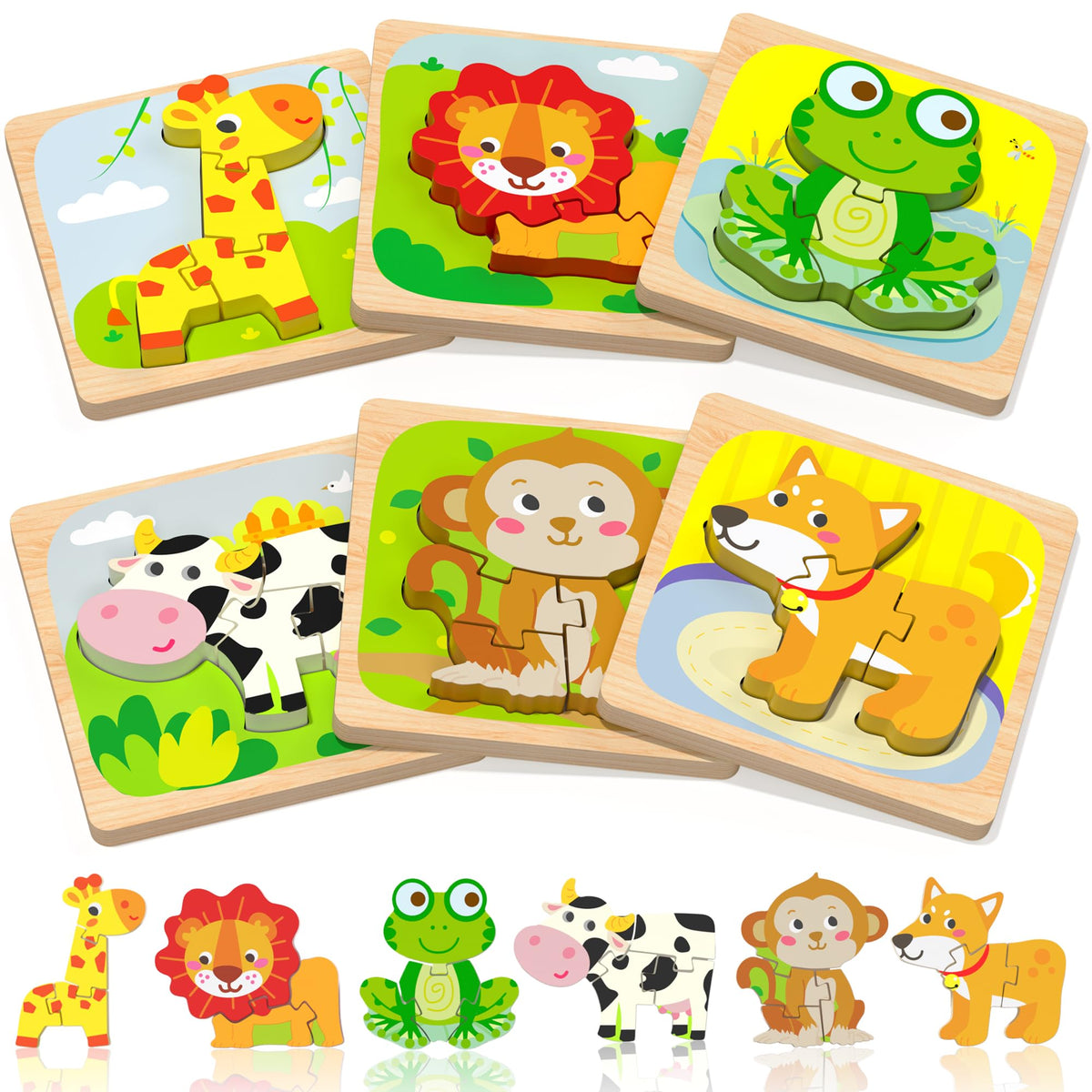 Benresive Wooden Toddler Puzzles, 6pcs Animal Montessori Toys for 1-3 Year Old Boys & Girls, Learning Educational Preschool Toys, Great Gifts for 1 2 3 Year Olds