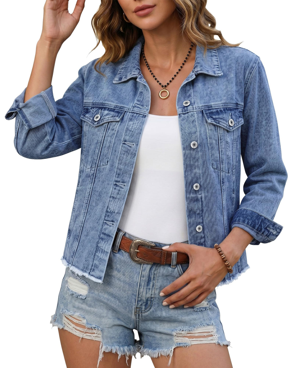 Luvamia Denim Jacket For Women Distressed Jean Jackets Button Up Vintage Western Trucker Frayed Hem Pockets Seaport Blue Xx-large