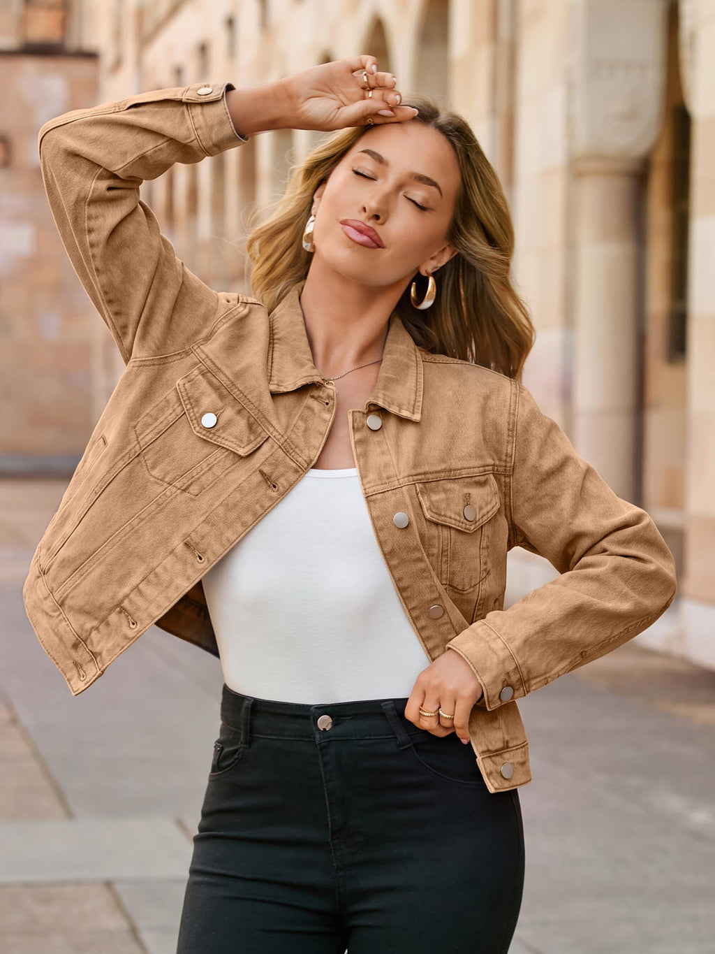 Glamaker Denim Jacket For Women 2026 Distressed Jean Jackets Button Down Casual Retro Oversized Shacket With Pockets(brown M)