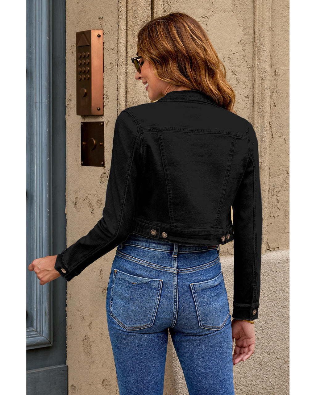 Luvamia Women's Fashion Long Sleeve Button Down Stretchy Denim Chamarra True Black Size 12 / 14 Jacket