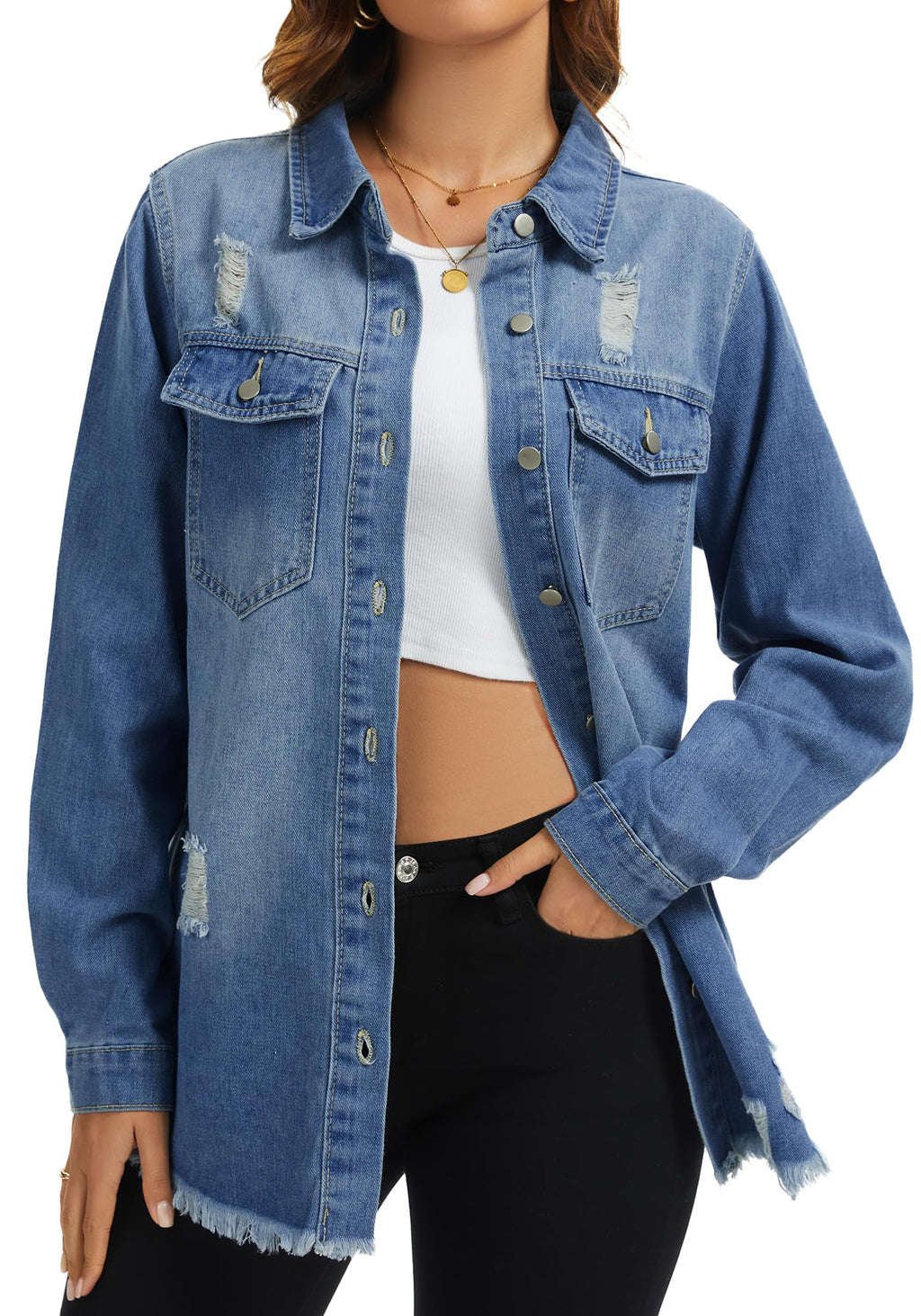 Bosmeer Women's Denim Jacket Boyfriend Washed Distressed Long Sleeve Shirts For Women Frayed Hem Jean Jackt Coat Country Concert Outfits -