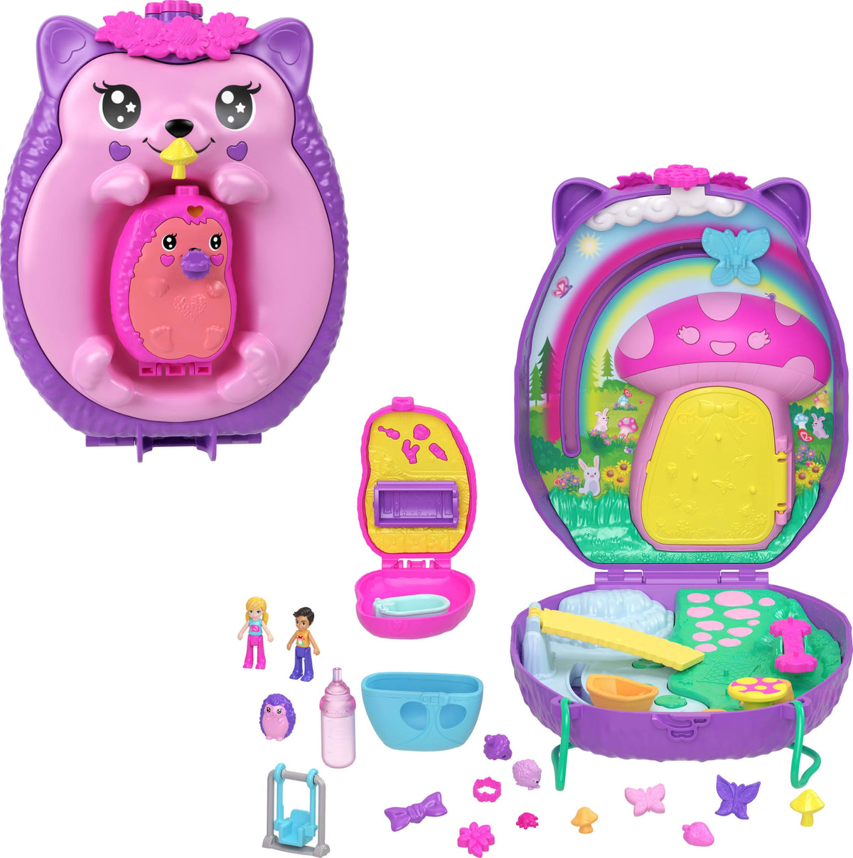 Polly Pocket 2-in-1 Travel Toy with 2 Micro Dolls and 16 Accessories, Hedgehog Purse Playset with Pet Theme