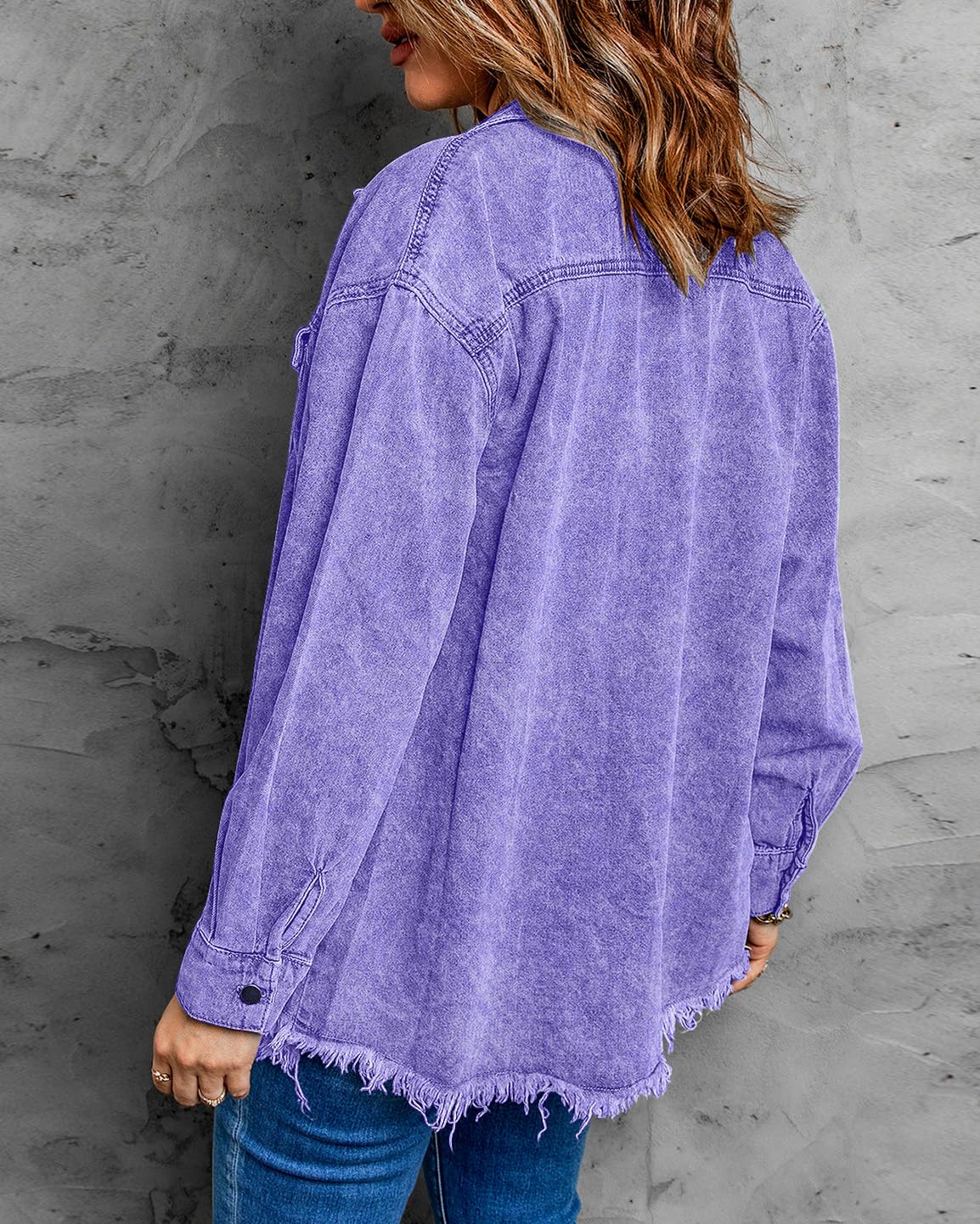 Vetinee Women's Oversized Boyfriend Front Button Up Frayed Raw Hem Jacket Denim - Aster Purple