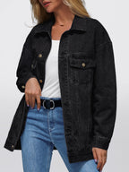 Automet Women's Button Down Oversized Jeans Jacket With Pockets - Black