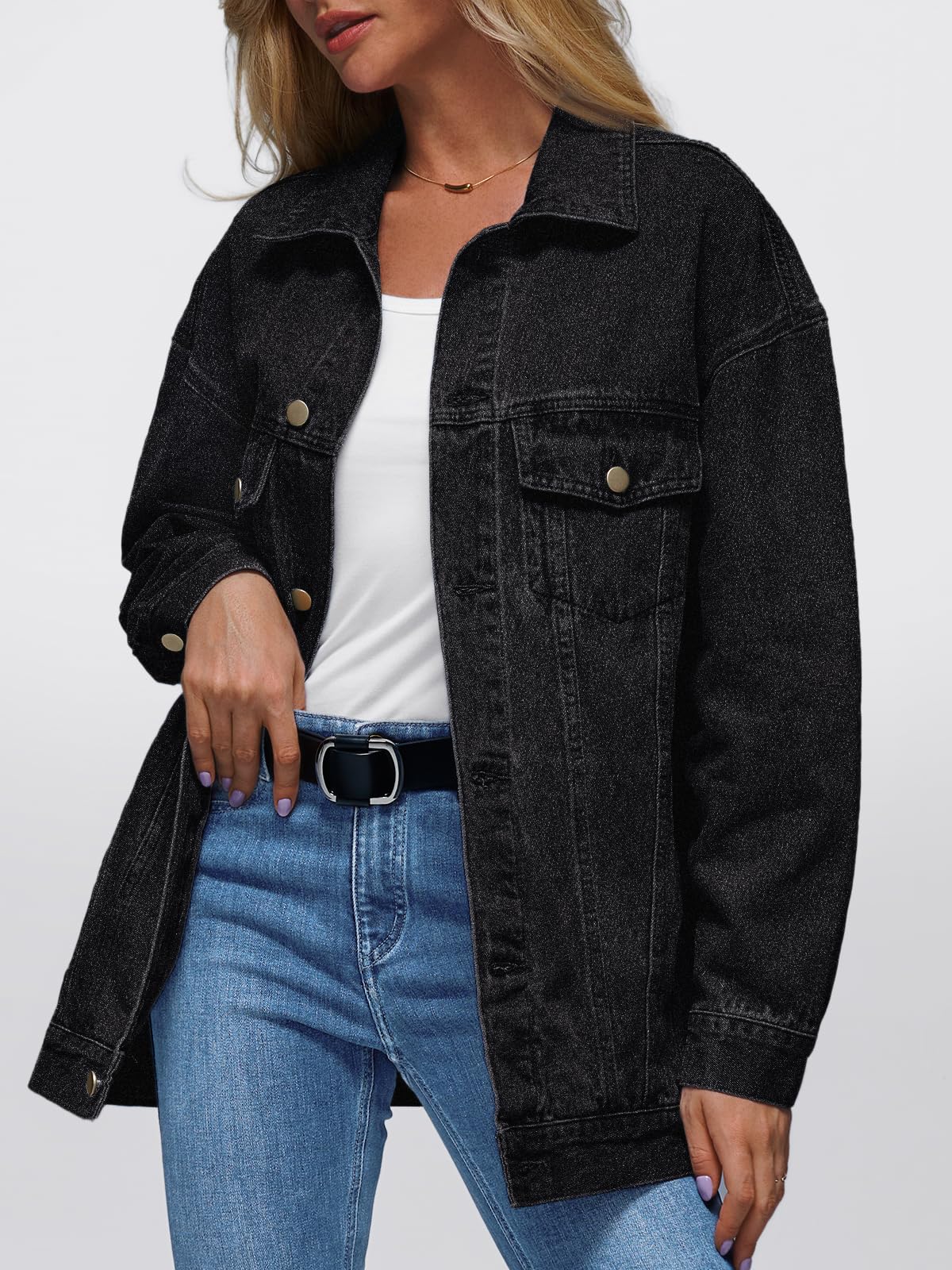 Automet Women's Button Down Oversized Jeans Jacket With Pockets - Black