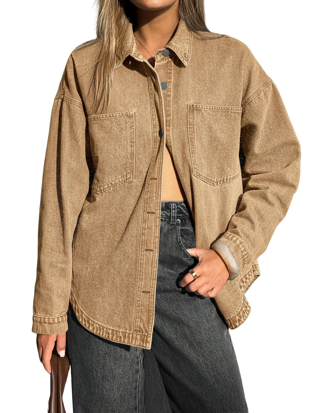 Emmiol Women Denim Shirts Oversized Long Sleeve Button Down Blouse Distresse Jean Jacket Fall Outfits 2026 Brown,xl - C1 Brown