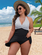 Blooming Jelly Women Plus-Size Swimdress One-Piece - Striped Black