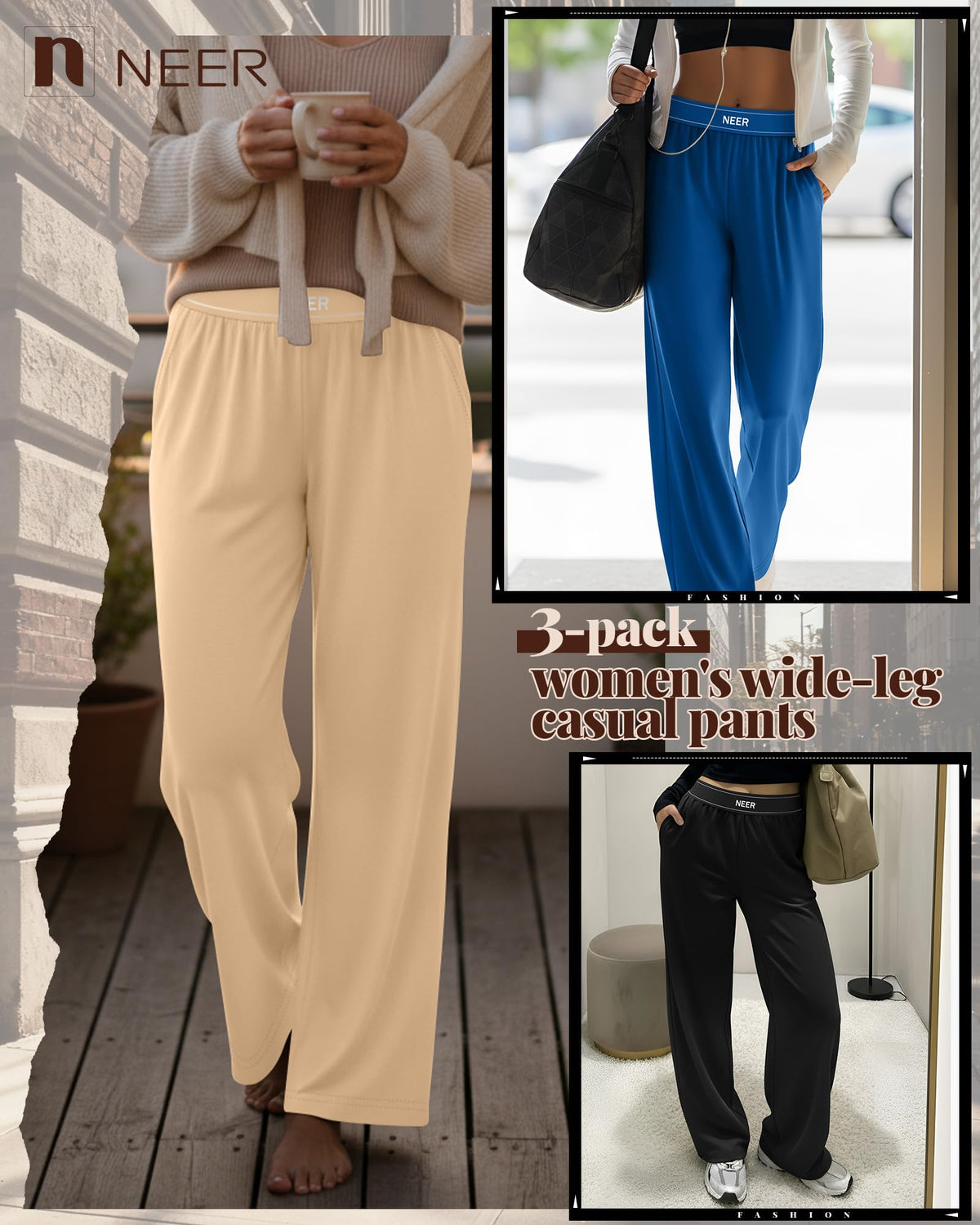 Neer 3 Pack Women's Cotton Lounge High-Waisted Pants - Style 5