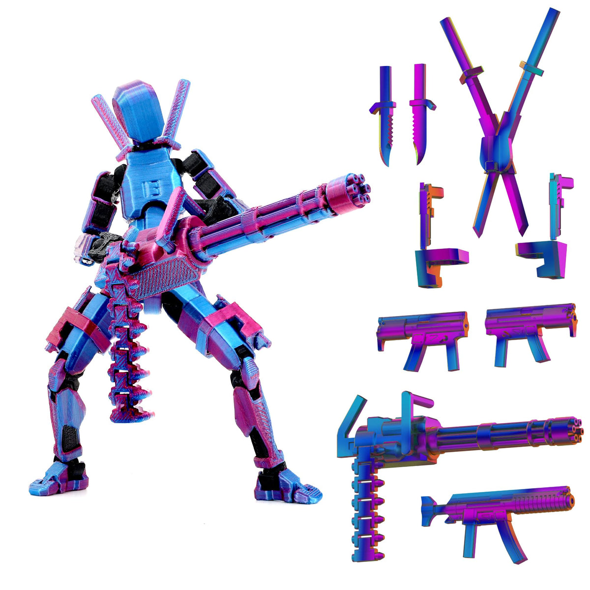 Colorful robot toy with multiple attachments on a white background
