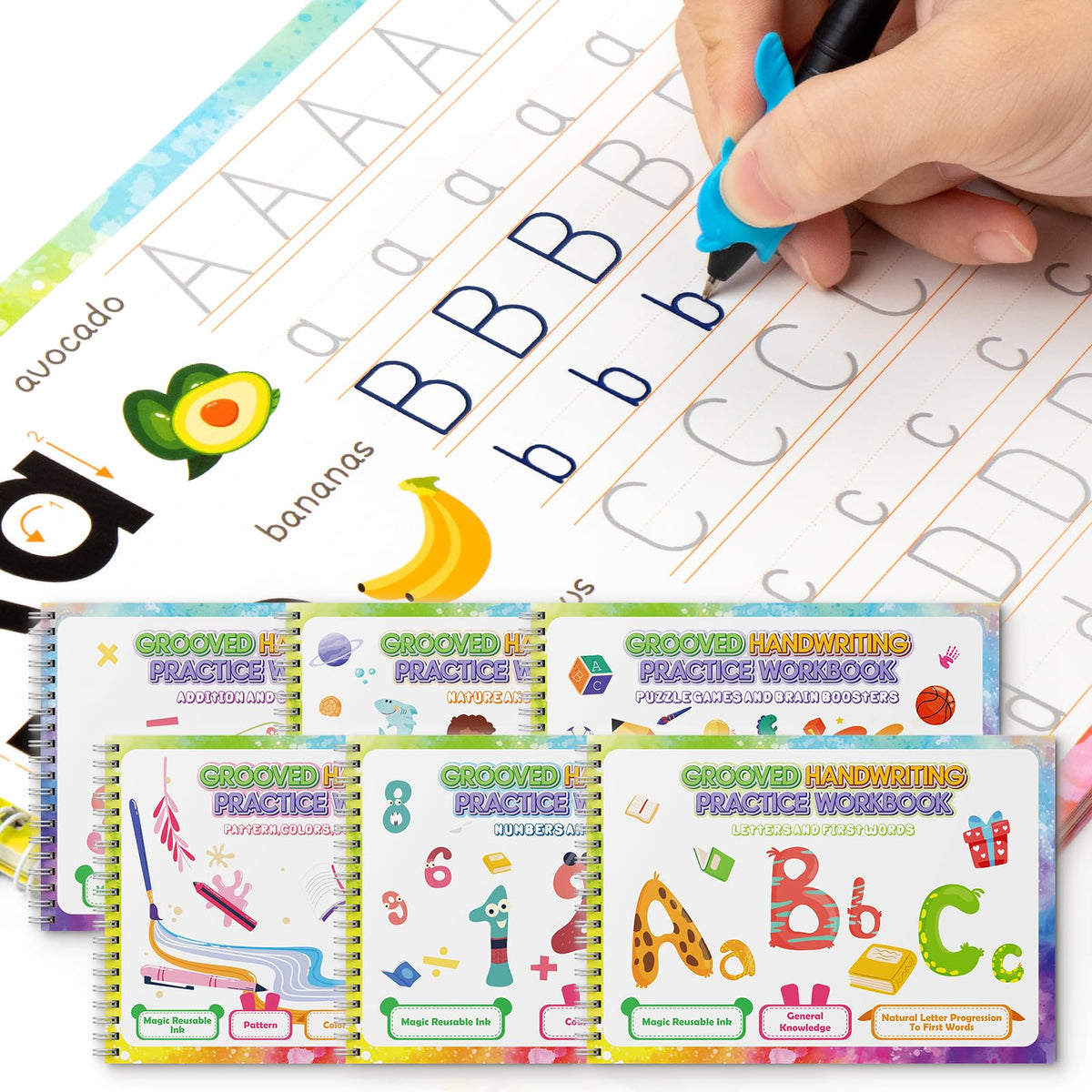 Magic Grooved Writing Practice Books, Grooved Handwriting Practice for Kids 3+, Preschool Learning Activities (6 Books with Pens)