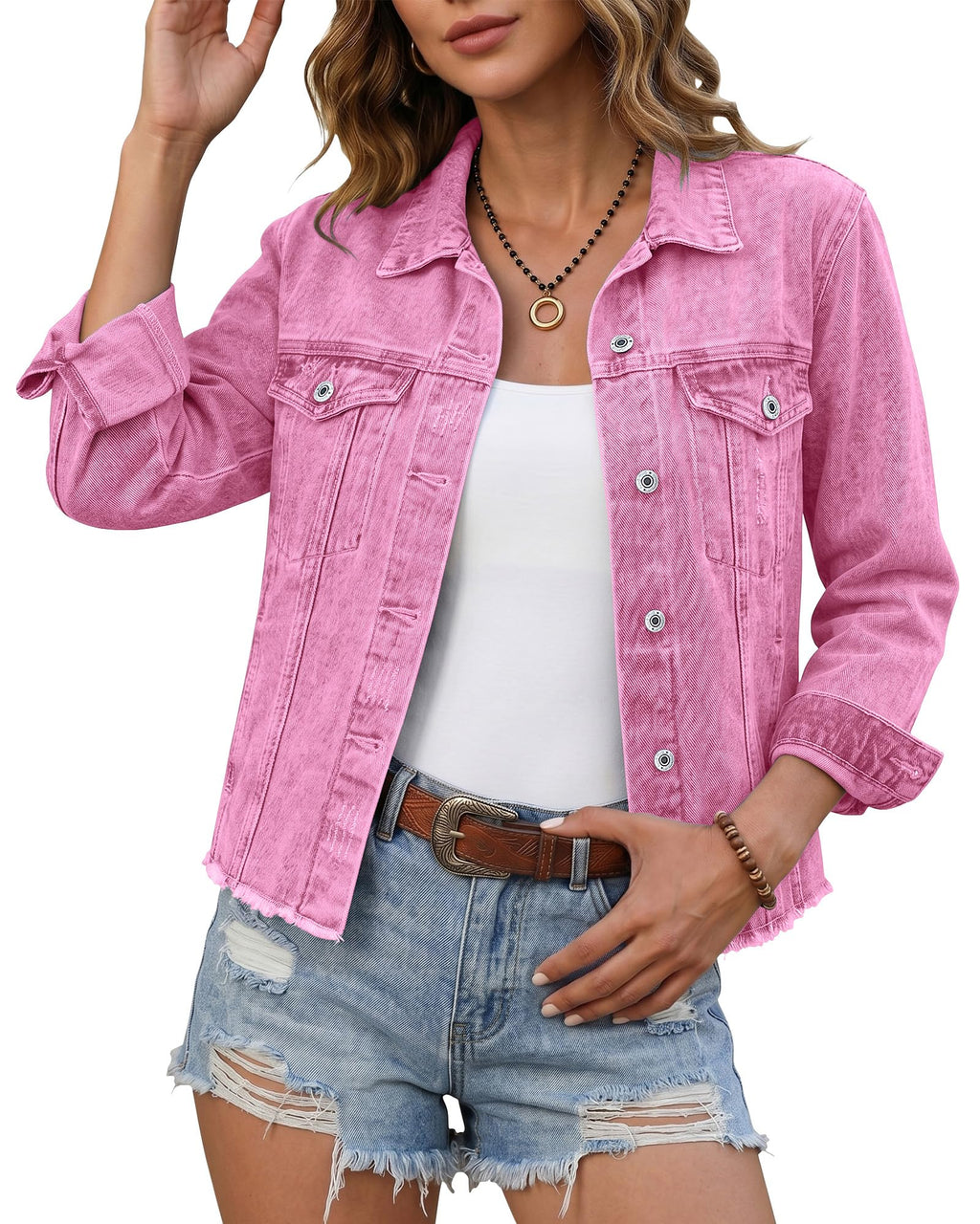 Luvamia Women's Winter Jackets Women Fashion Pink Jean Jacket Womens Light Ladies Denim Shirt Womans Clothing Azalea Large Fits Size 12 14