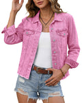 Luvamia Women's Winter Jackets Women Fashion Pink Jean Jacket Womens Light Ladies Denim Shirt Womans Clothing Azalea Large Fits Size 12 14