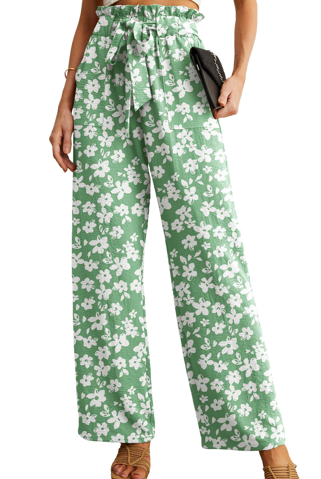 Iwollence Women Flowy Palazzo Pants Adjustable Knot - 10 Green White