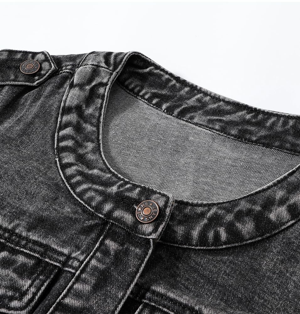 Kedera Women's Denim Jacket Button Down Collarless Long Sleeve Washed Round Neck Jean Jackets - Black01