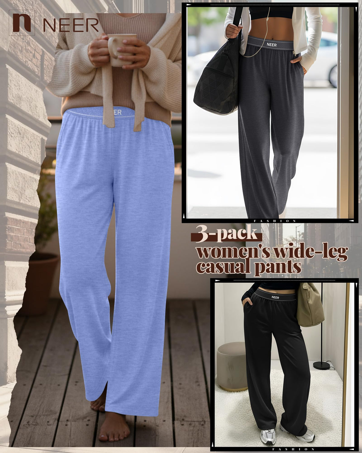 Neer 3 Pack Women's Cotton Lounge High-Waisted Pants 3-color Small