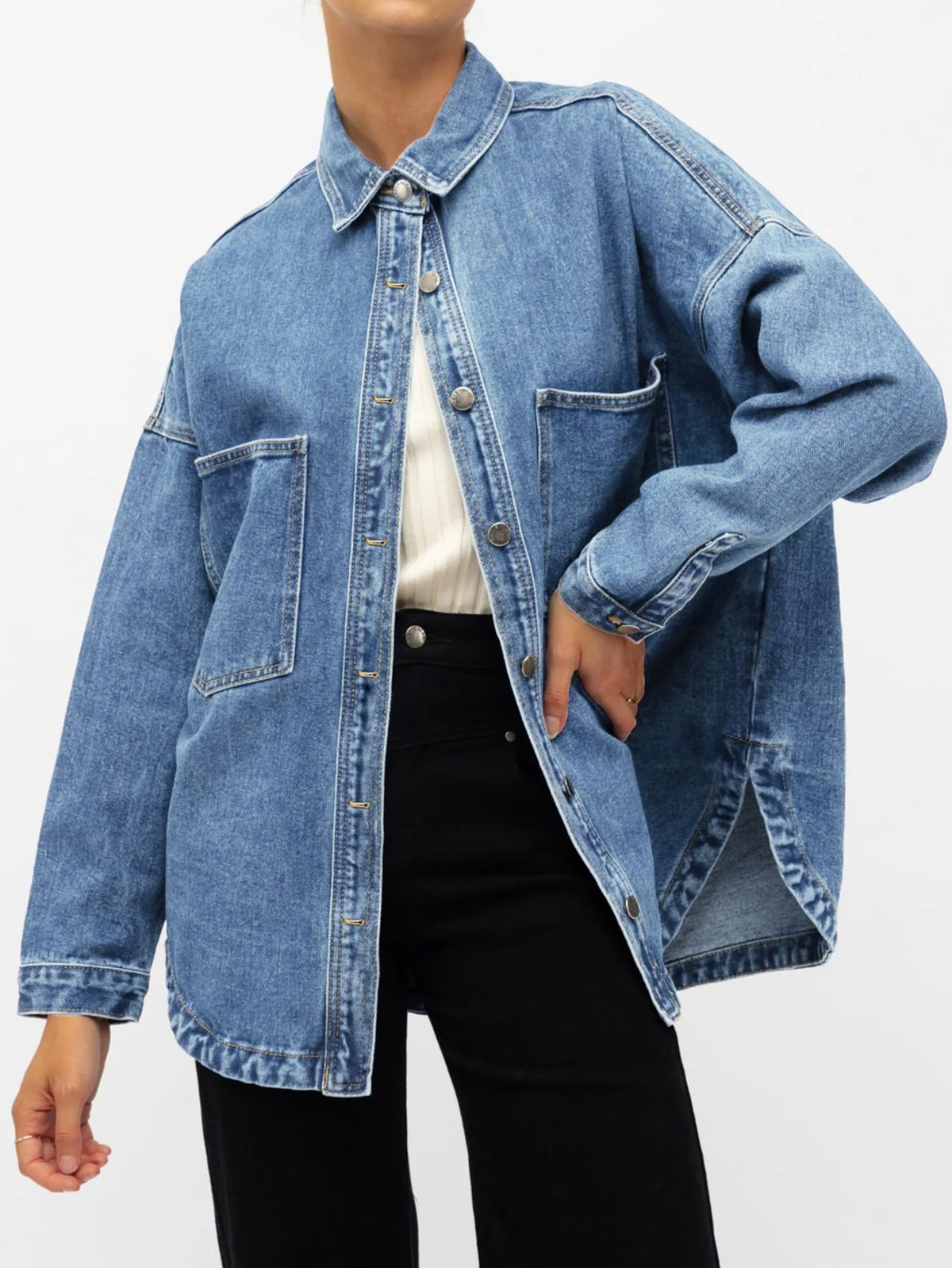 Emmiol Women Denim Shirts Oversized Long Sleeve Button Down Blouse Distresse Jean Jacket Fall Outfits 2026 Light Blue,s