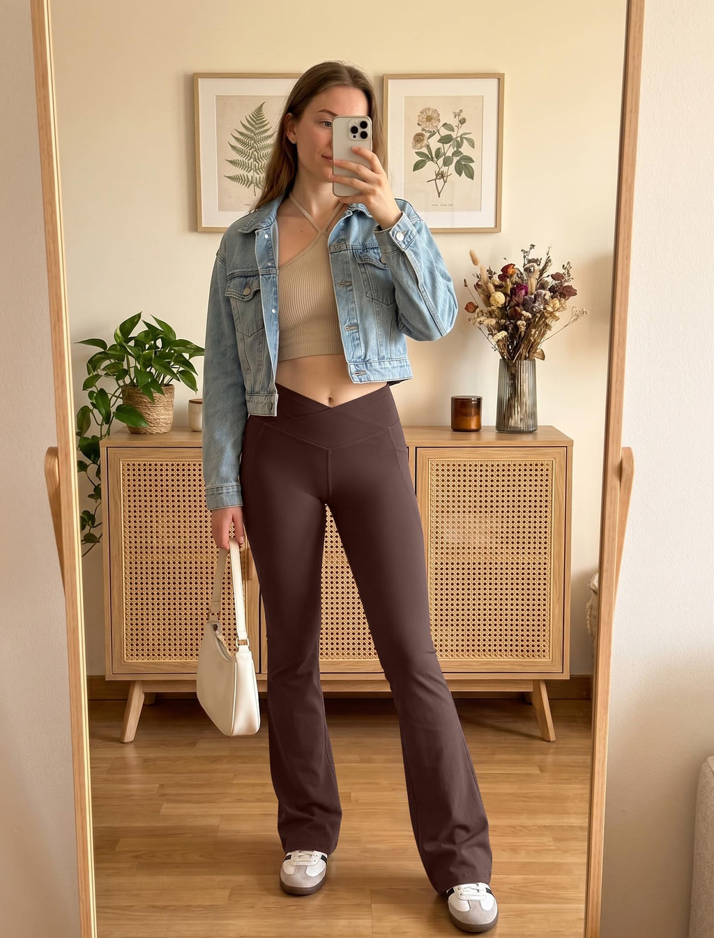 Women's Flare Leggings With Pockets Crossover High-Waisted - Brown
