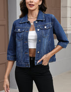 Unilexi Women's 3/4 Sleeve Colored Cropped Denim Jacket Light Wash Short Jean Trucker Coat(0096-darkblue-s) - Dark Blue